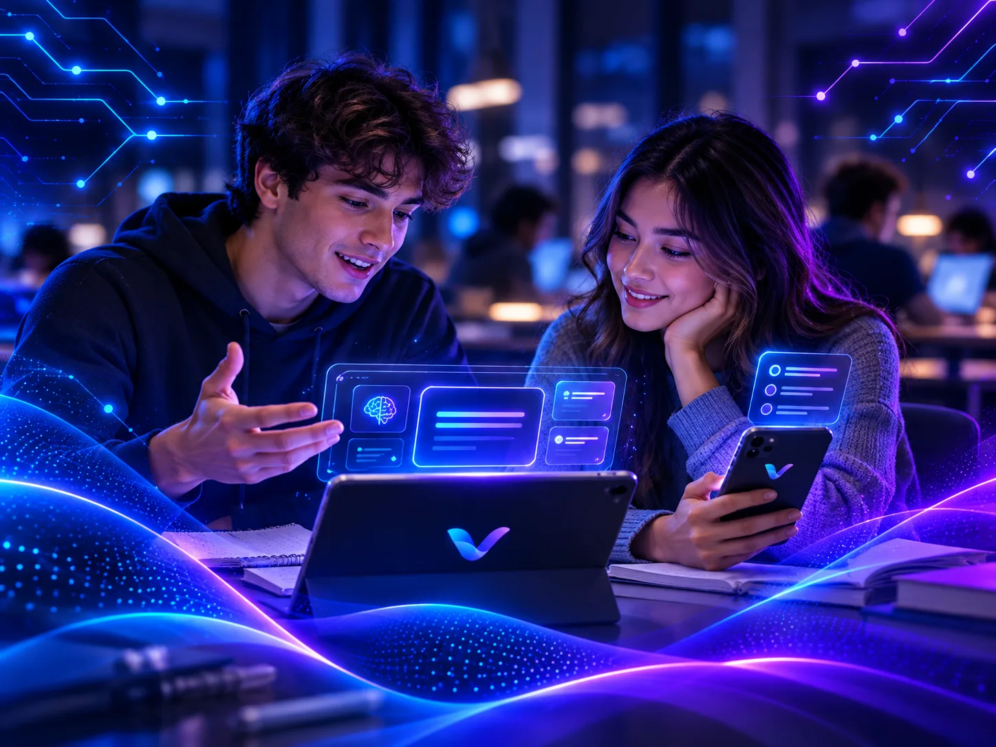 Students reviewing AI-assisted study material together