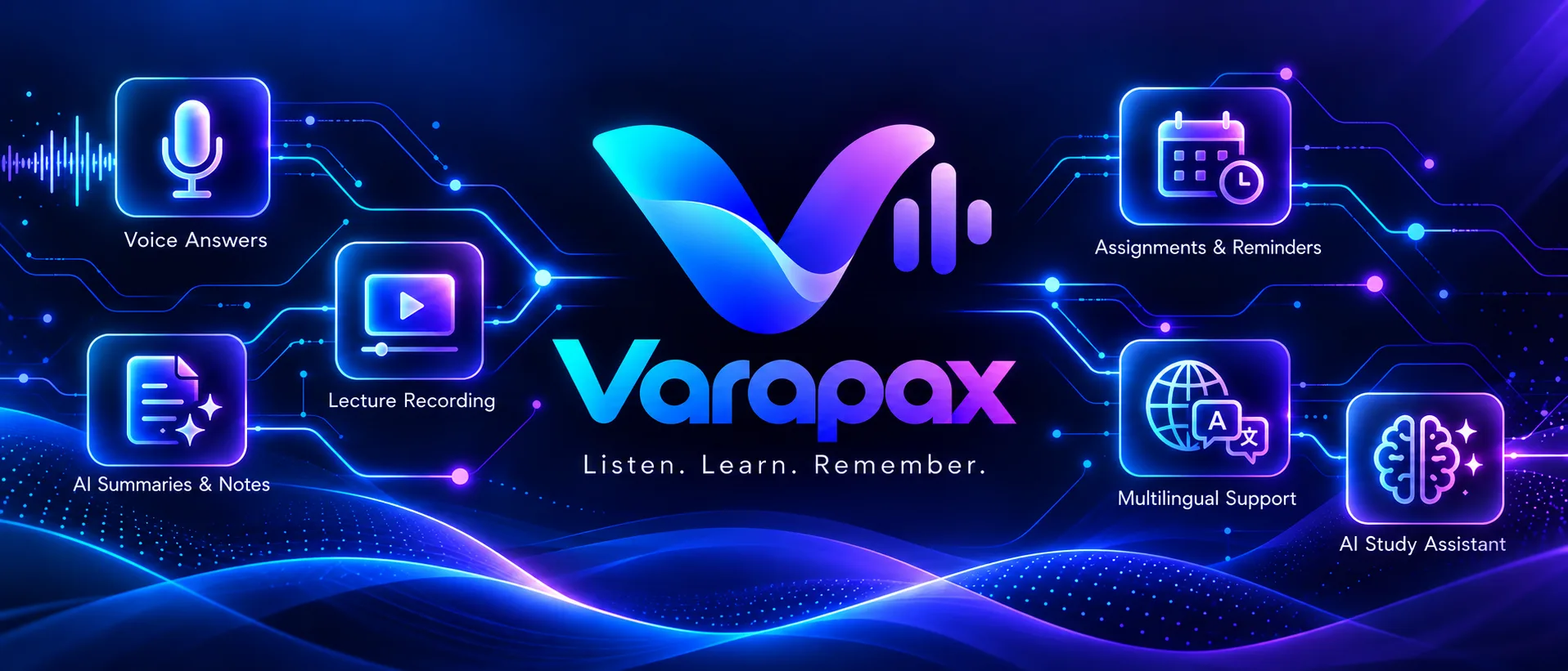 Varapax voice answers, lecture recording, AI notes, reminders, multilingual support, and study assistance